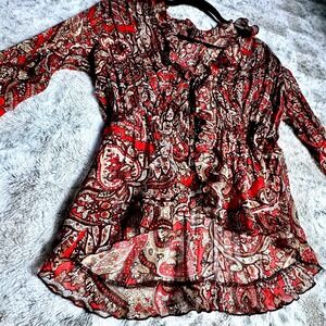 Y2K Red Paisley Bella‎ Swan Core Sheer Top Long Sleeve Ruffle Bohemian Flutter